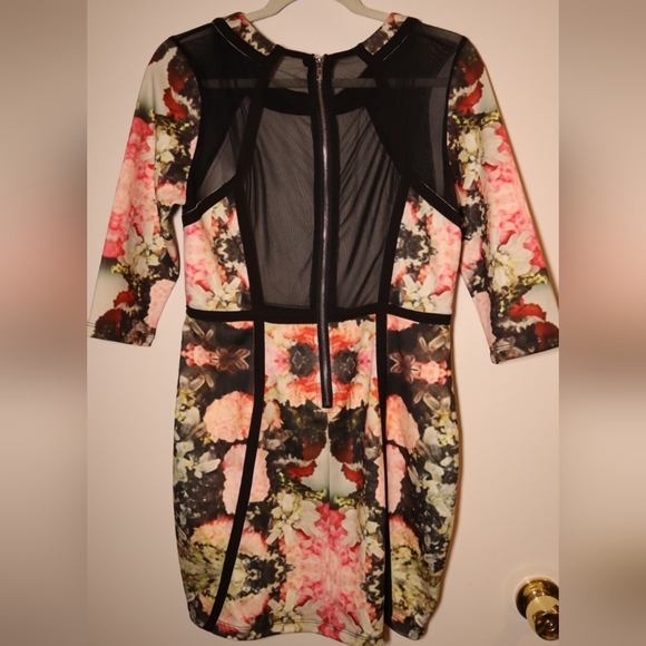 New ASOS mesh quarter sleeves bodycon dress black pink floral - Picture 7 of 9